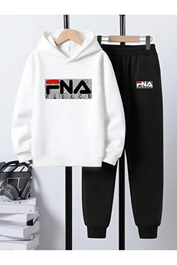 buendiakids Boy's White-Black Fna Printed Hooded Sweatpants Set