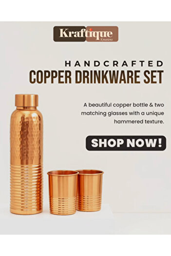 Kraftique Oreo Half-Hammered Copper Bottle Set with 2 Glasses