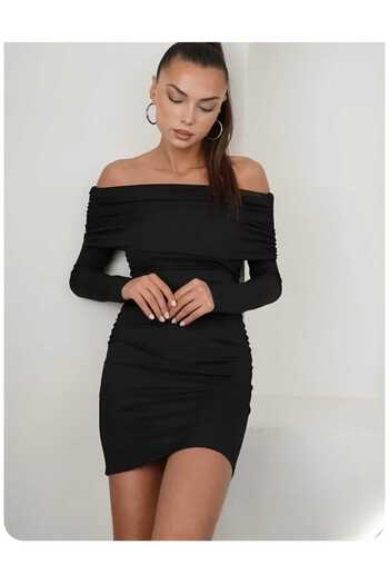morche Women's Open Shoulders Open Shoulders Long Sleeves Body-Hugging Carmen Collar Mini Gathered Dress