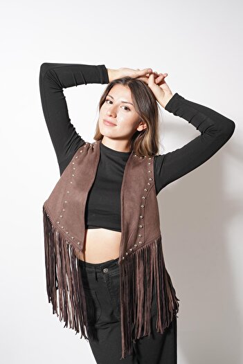 Pafi Moda Kamli Long Tassel Vest Brown