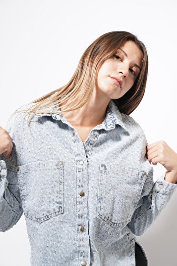 Pafi Moda Bely Chic Embroidered Mohair Code Jacket Light Blue