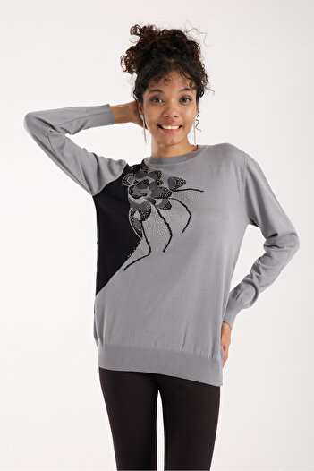 Moda Days Women's Gray Elite Viscose Fabric Stone Detailed Crew Neck Knitwear Blouse