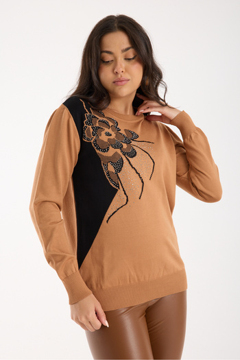 Moda Days Women's Beige Elite Viscose Fabric Stone Detailed Crew Neck Knit Blouse
