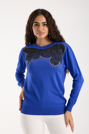 Moda Days Women's Saks Blue Elite Viscose Fabric Stone Detailed Crew Neck Knitwear Blouse