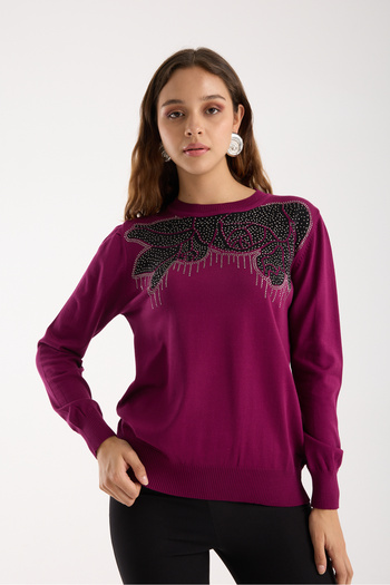 Moda Days Women's Plum Elite Viscose Fabric Stone Detailed Crew Neck Knitwear Blouse