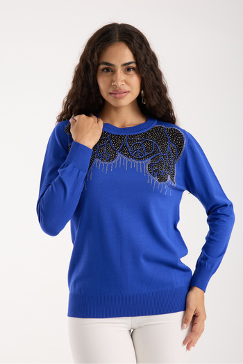 Moda Days Women's Saks Blue Elite Viscose Fabric Stone Detailed Crew Neck Knitwear Blouse