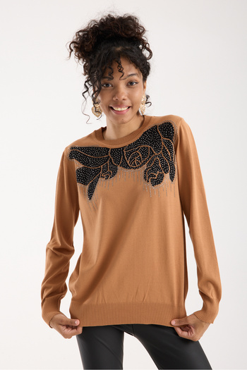 Moda Days Women's Beige Elite Viscose Fabric Stone Detailed Crew Neck Knit Blouse