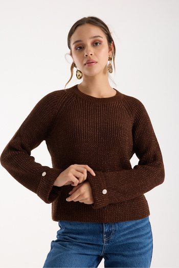 Moda Days Women's Bitter Brown Raglan Sleeve and Single Button Cuffs Crew Neck Glitter Knit Sweater