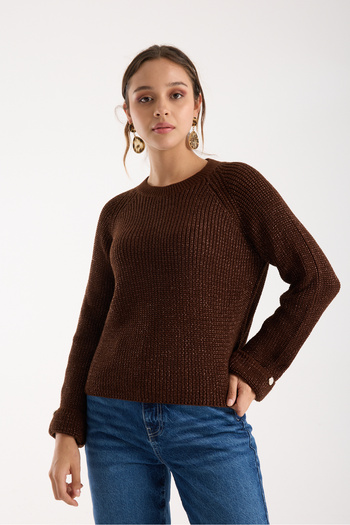 Moda Days Women's Bitter Brown Raglan Sleeve and Single Button Cuffs Crew Neck Glitter Knit Sweater