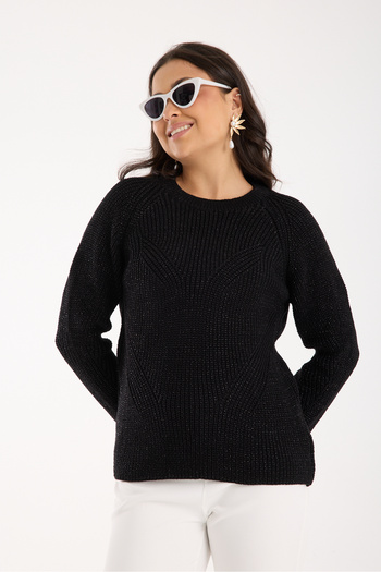 Moda Days Women's Black Thessaloniki Knitted Raglan Sleeve Crew Neck Glitter Knitwear Sweater