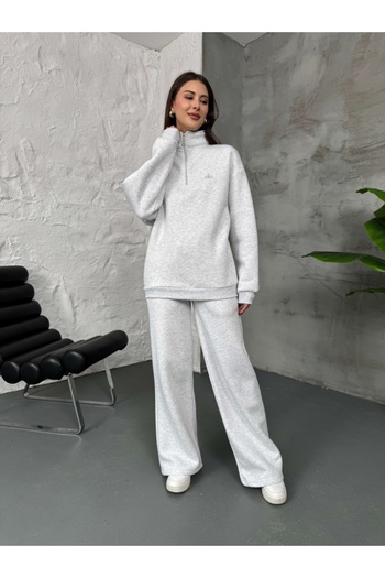 Elif Özbey Butik Gray Half-Zipper Ribbed Sweat Suit