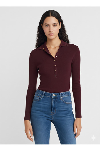 Dilvin 10686 Stand Collar Snap Fastener Knit Sweater-Dark Red