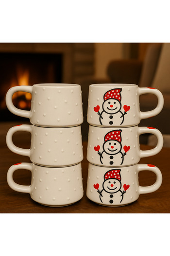 BB TRADE Handmade Set of 6 Snowman Patterned Ceramic Mugs