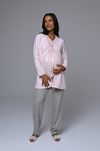 Lohussa Women's Pink Melange Jacquard Winter Lace Detailed Design Maternity Pajama Set