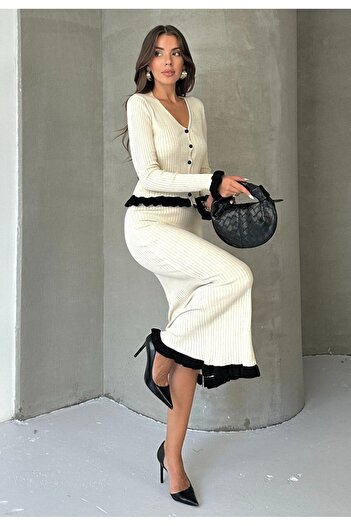 MAXXANA Slim Fit Ruffle Detailed Ribbed Skirt and Blouse Stylish Knitwear Set
