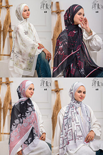 Hala Digitally printed chiffon shawl in different shapes and colors, set of 5 pieces, size 75 x 180