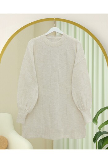 Modamorfo Round Neck Casual Patterned Knitwear Sweater - Ecru