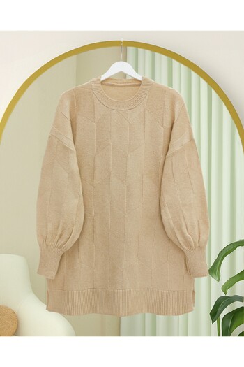 Modamorfo Round Neck Casual Patterned Knitwear Sweater - Light Mink