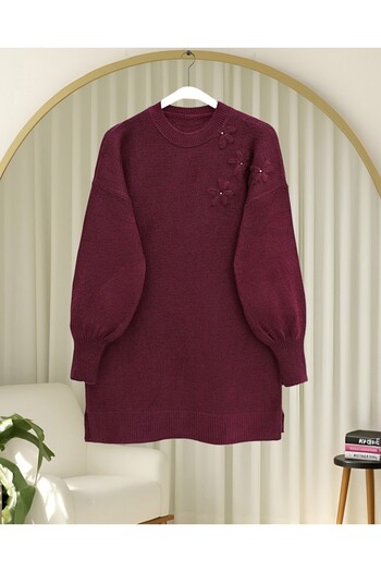 Modamorfo Floral Patterned Stoned Soft Knit Sweater - Burgundy