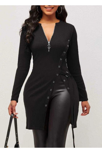 JANES Women's Long Sleeve Zipper Side Slit Snap Button Detail Ribbed Camisole Dress