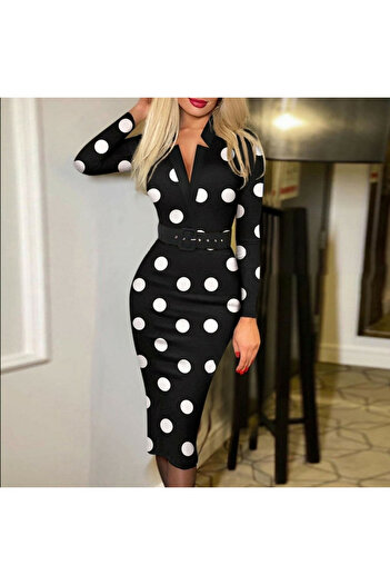 JANES Women's Long Sleeve V-Neck Polka Dot Crepe Midi Dress