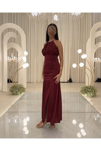 Generic Long burgundy halter neck evening dress with elegant ruffles