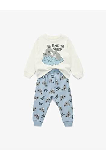 Koton Koala Printed Cotton 2-Piece Pajamas Ecru Baby Boy Bottom-Top Set 6Wmb10055Tk