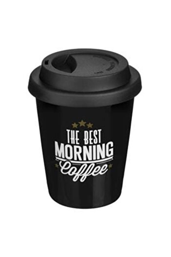 OEM Ceramic Coffee Mug Black Glossy with Message 'The Best Morning Coffee' & Silicon Lid 380 ml
