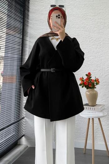 MELEK ARAZ Premium Double-Breasted Collar Belted Women's Jacket – Black