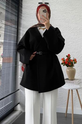 MELEK ARAZ Premium Double-Breasted Collar Belted Women's Jacket – Black