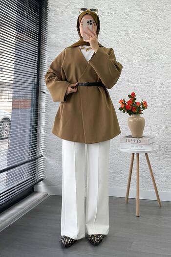 MELEK ARAZ Premium Double-Breasted Collared Belted Women's Jacket – Camel