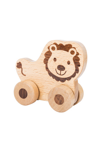 Small Foot Pull/push toy, for motor development, made of wood, on wheels, in the shape of an animal