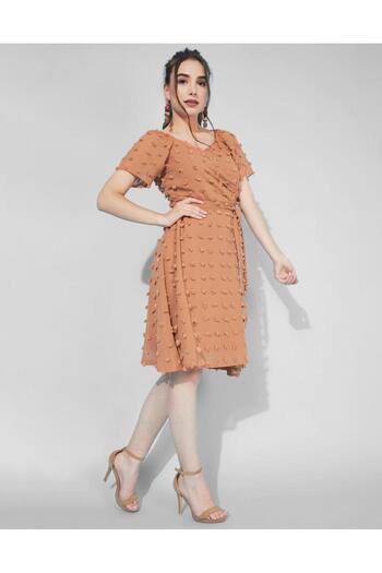 iza Rust Swiss Dot Overlap Collar Tie Front Dress