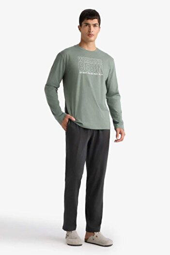 DeFacto Pajama Set Regular Fit Printed Long Sleeve Top Long Bottom (25 Au)