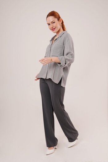 Kanonik Education Bat Sleeve Striped Gray Shirt with Pocket Detail