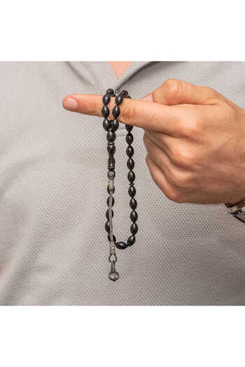 norsary Silver Kazaz Tassel Black Crimped Amber Prayer Beads