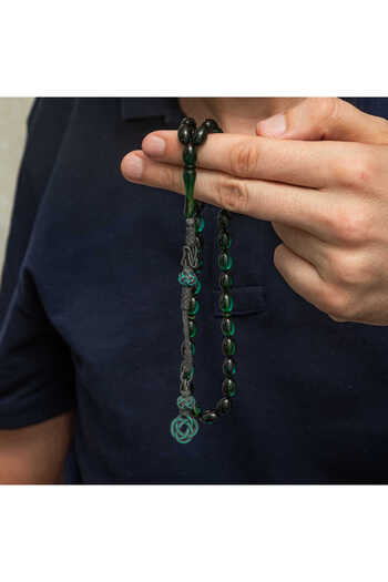 norsary Silver Kazaz Tassel Green Crimped Amber Prayer Beads