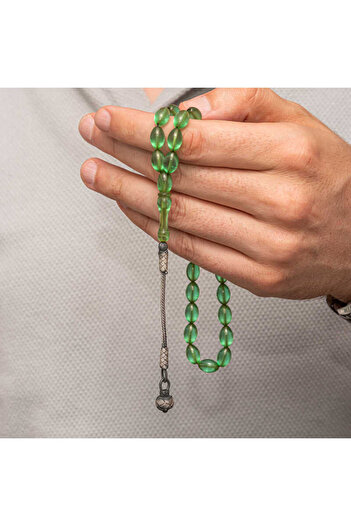 norsary Silver Ball Kazaz Tassel Green Crimped Amber Prayer Beads