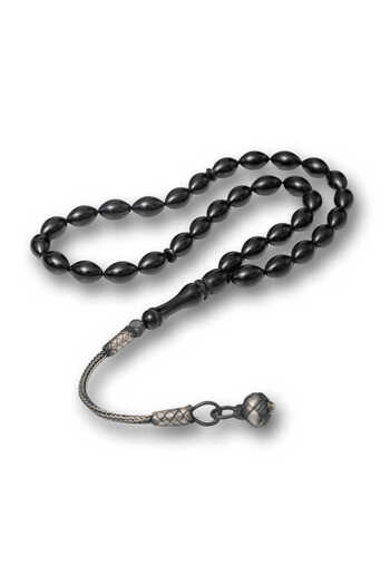 norsary Silver Kazaz Tassel Black Crimped Amber Prayer Beads