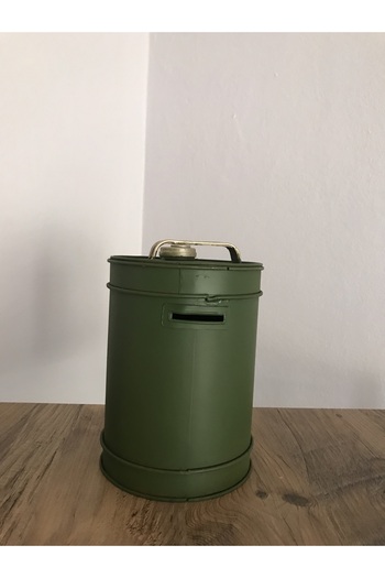 NOSTALJİM Decorative Metal Antique Style Fuel Can with Savings Box, Military Green Cylinder Type