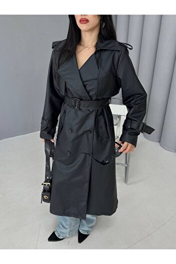buqre's moda Women's New Season Epaulet Detailed Belted Cape Long Leather Trench Coat