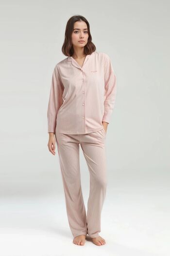 Pierre Cardin Kadın Pembe Çizgili Önden Patlı Uzun Kol Modal Pamuklu Pijama Takımı QP9K0R20CK