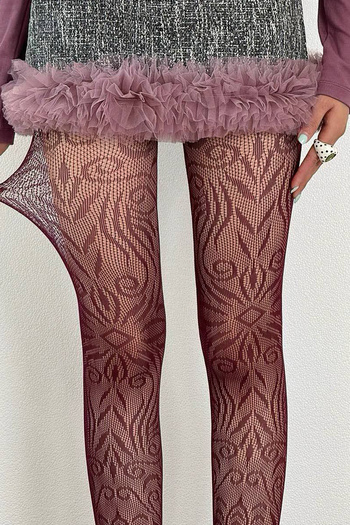 Black Pine (BP) Burgundy Color Jacquard Mesh Patterned Pantyhose
