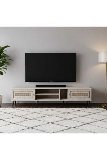 BAITY Rectangular TV Table 200 cm Malaysian Wood with Drawers and Shelves - Beige