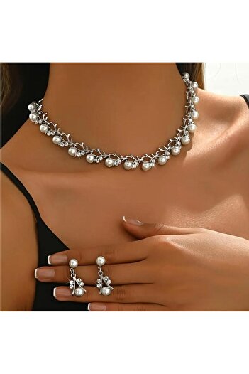 Yıldız Accessory طقم قلادة وأقراط من اللؤلؤ بلون ذهبي وفضي، طقم من قطعتين، تصميم أنيق وعصري، مناسب للاستخدام اليومي وحفلات الزفاف والخطوبة، هدية مثالية للفتيات