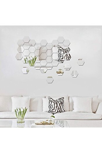 LUXER Set 32 Acrylic Adhesive Mirrors Luxer, Hexagon Model, 12.5x11x6.4 cm, Silver