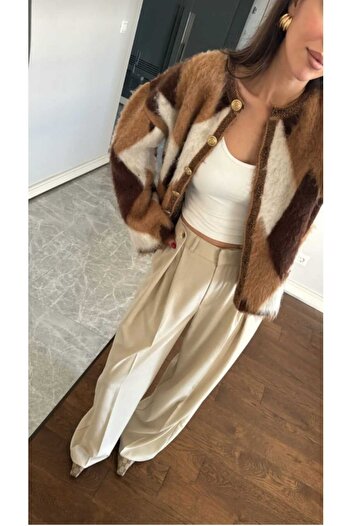 Foxstep Yumoş Marka Model Kahve Baklava Desen Özel Üretim Triko Kadın Hırka