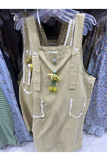 LOCK Khaki Overall Dress - Women's Corduroy Jumper Dress with Lace Trim and Floral Applique
