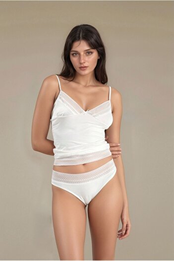 White Velvet Women's Ecru Lace Detailed String Strap Tank Top & Slip Panty Camisole Set Q6U0K.K.0A.