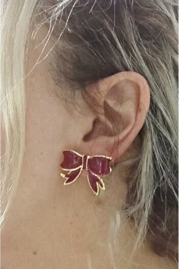 mos&more Burgundy Enamel Bow Chic Earrings